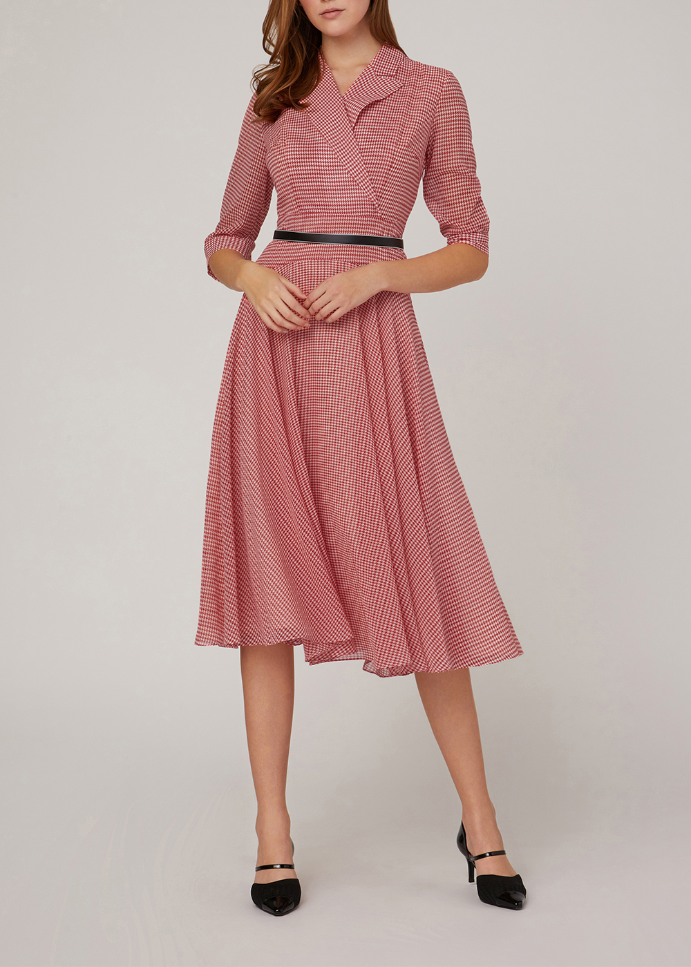 SALAZIA Red-White Houndstooth Fit-and-Flare Dresses