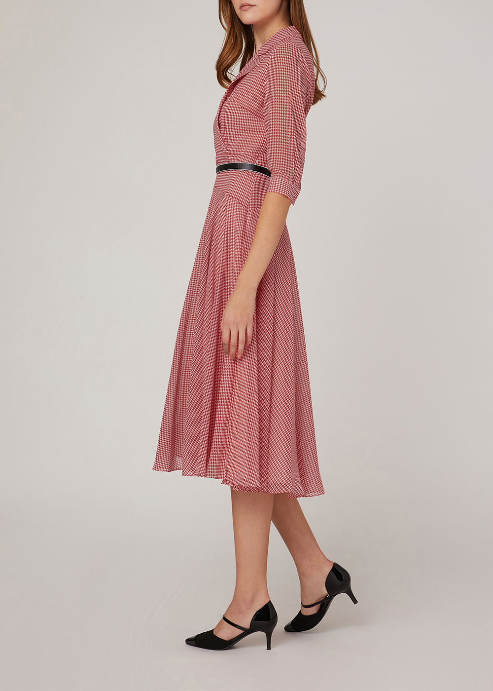 SALAZIA Red-White Houndstooth Fit-and-Flare Dresses