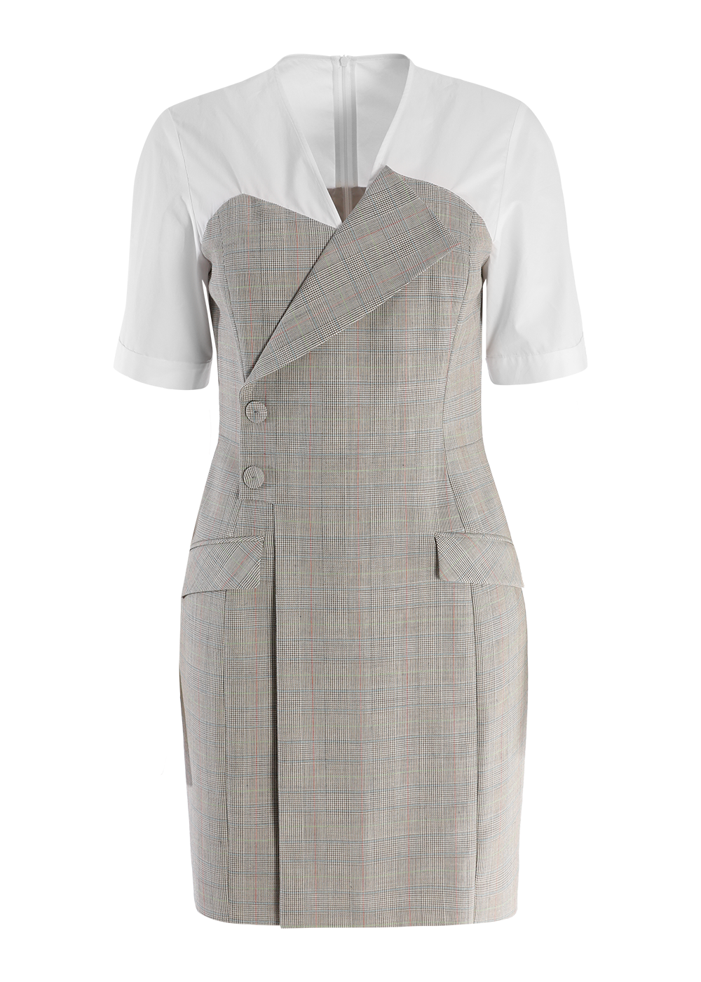 SALAZIA Light Gray-Green Check Wool Blend Short-Sleeve Dresses
