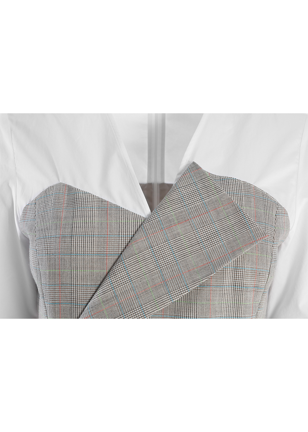 SALAZIA Light Gray-Green Check Wool Blend Short-Sleeve Dresses