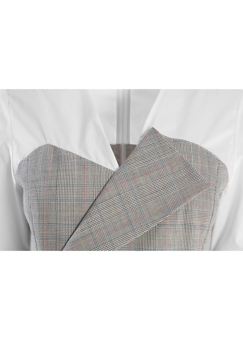SALAZIA Light Gray-Green Check Wool Blend Short-Sleeve Dresses
