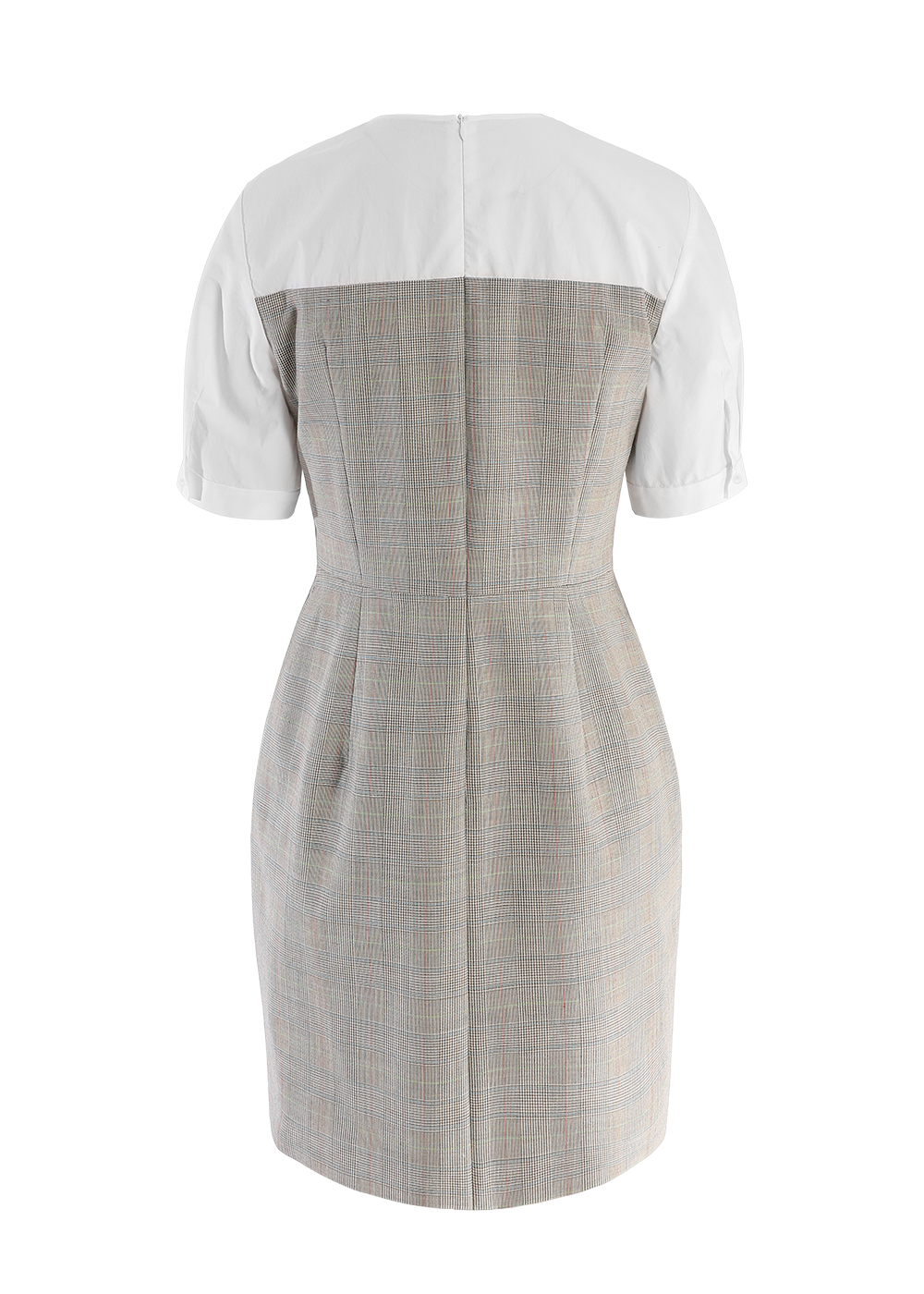 SALAZIA Light Gray-Green Check Wool Blend Short-Sleeve Dresses