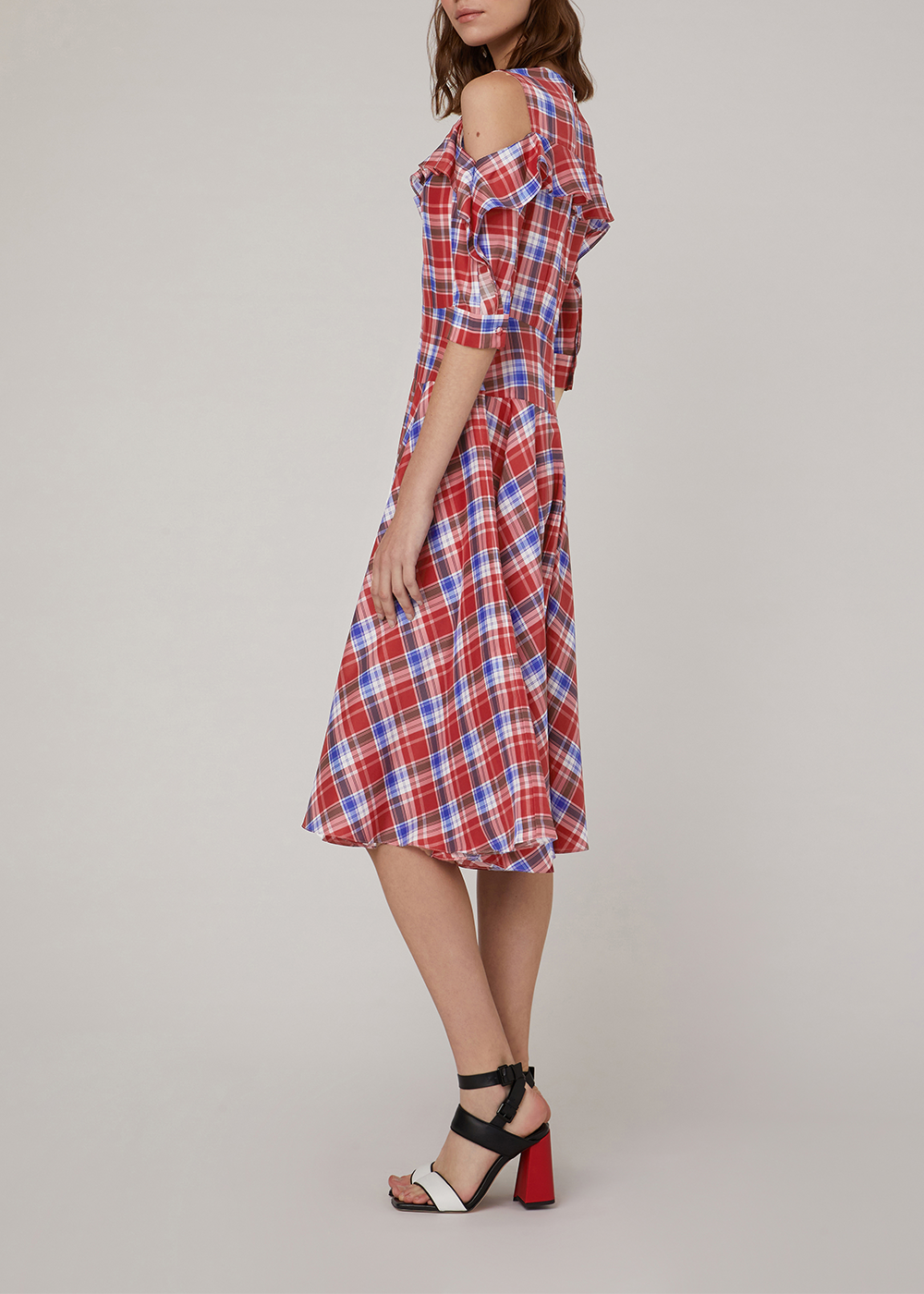 SALAZIA Red-White-Blue Plaid Silk Dresses
