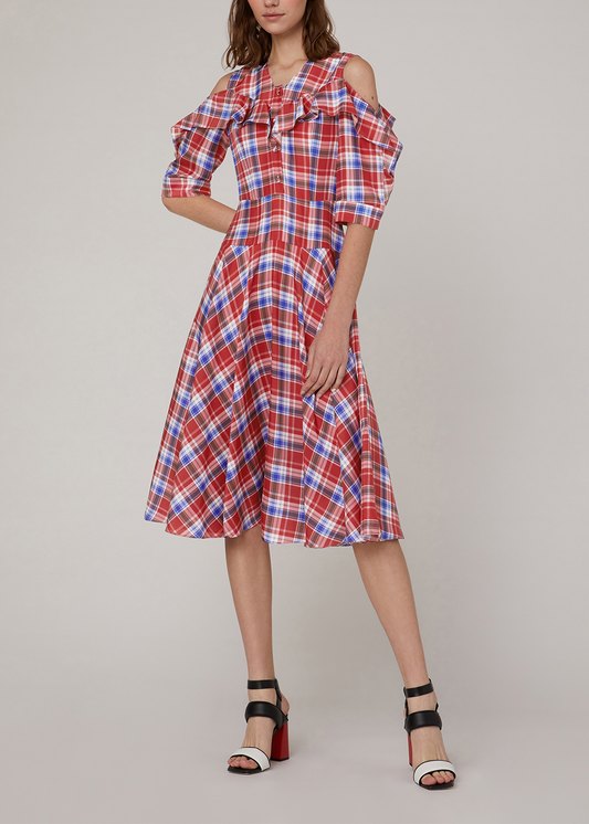 SALAZIA Red-White-Blue Plaid Silk Dresses