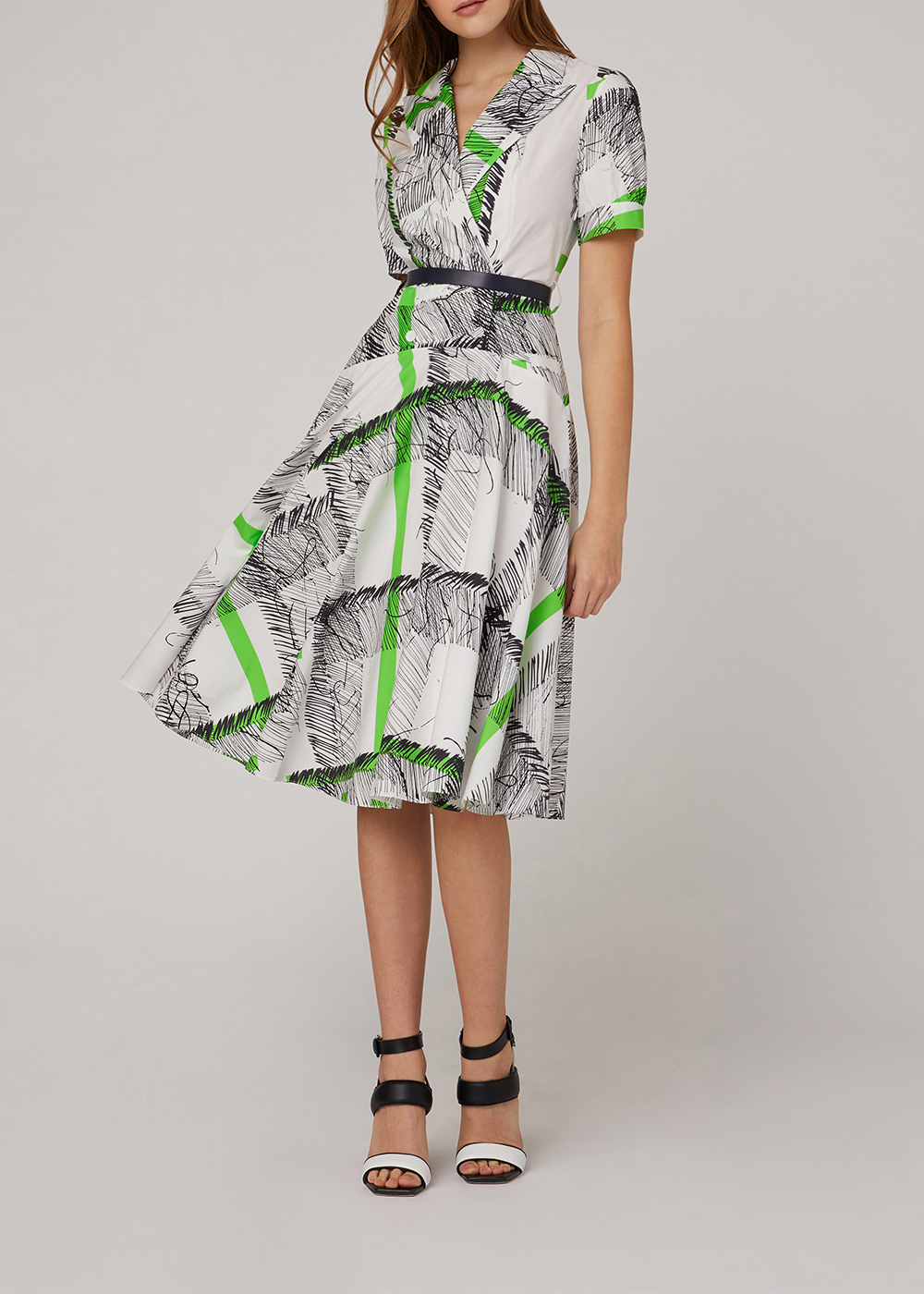 SALAZIA Black-Green Line Art Cotton Dresses