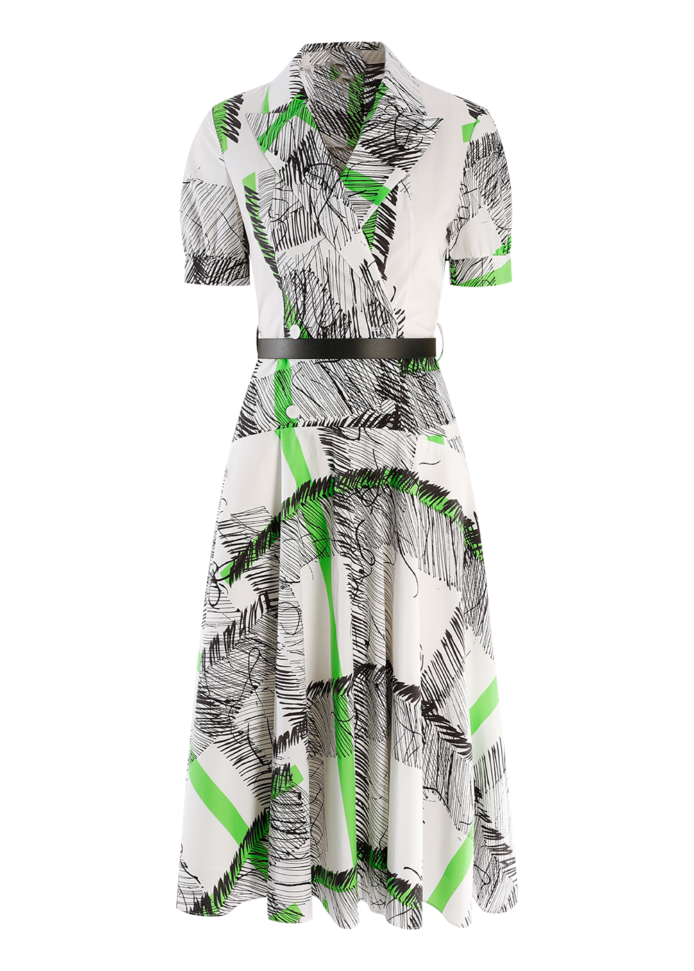 SALAZIA Black-Green Line Art Cotton Dresses