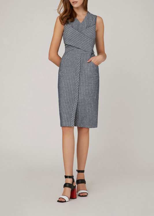 SALAZIA Blue-Grey Stripe Linen-Cotton Dresses