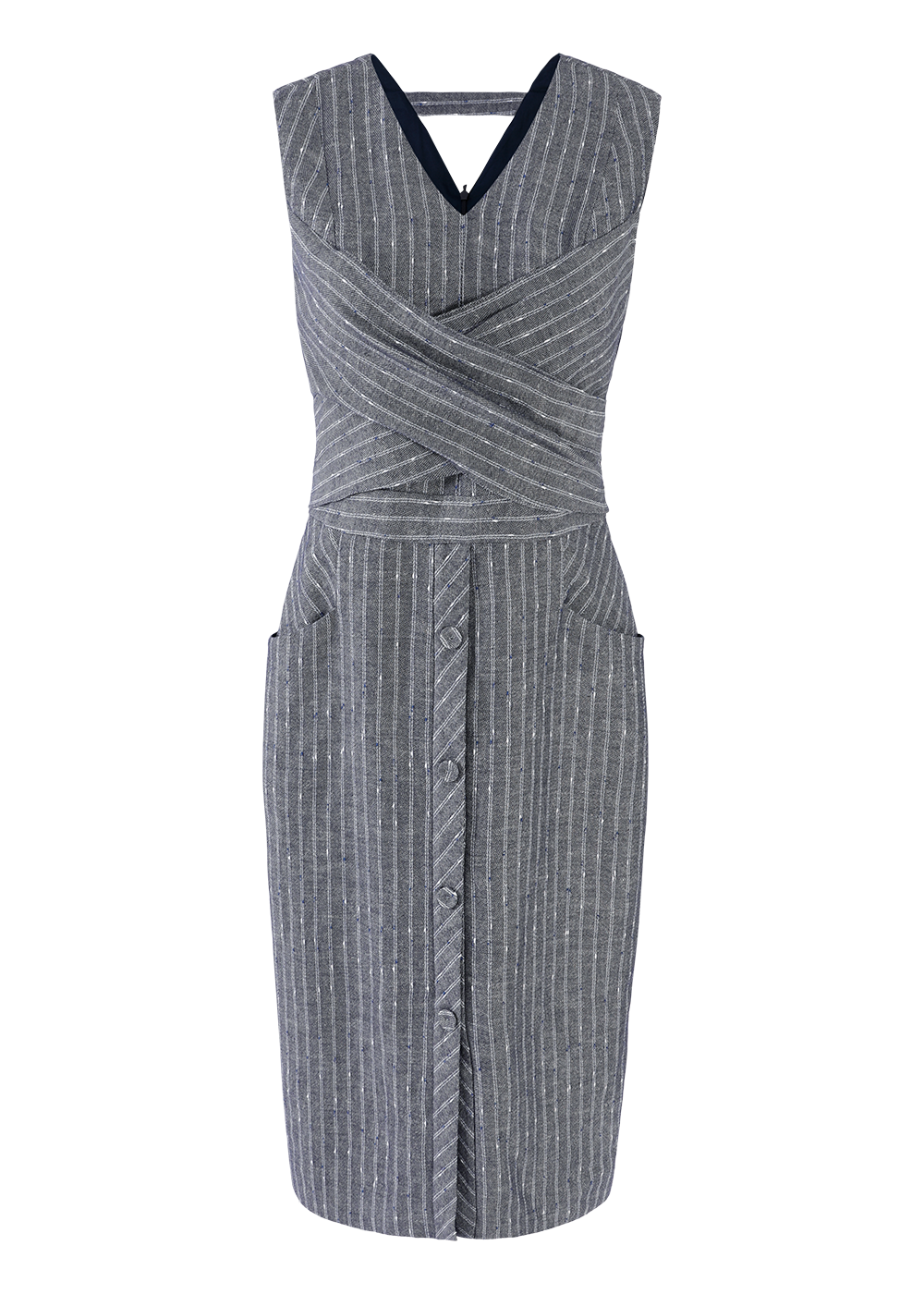 SALAZIA Blue-Grey Stripe Linen-Cotton Dresses