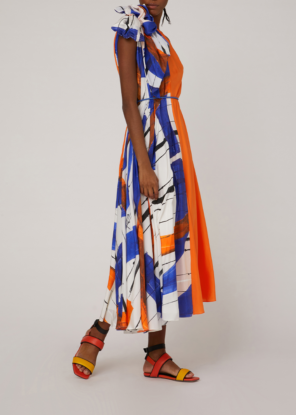 SALAZIA Abstract Orange-White-Blue Silk Dresses