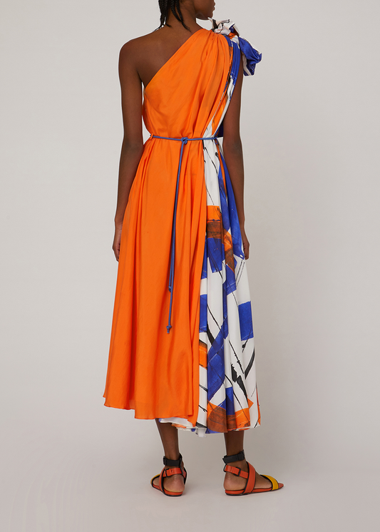 SALAZIA Abstract Orange-White-Blue Silk Dresses