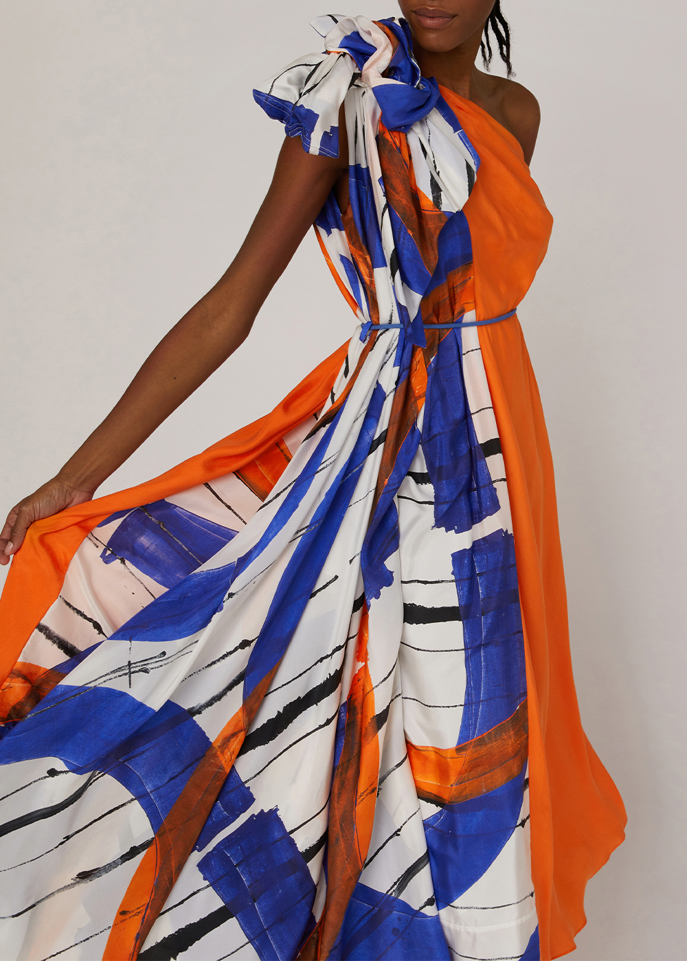 SALAZIA Abstract Orange-White-Blue Silk Dresses