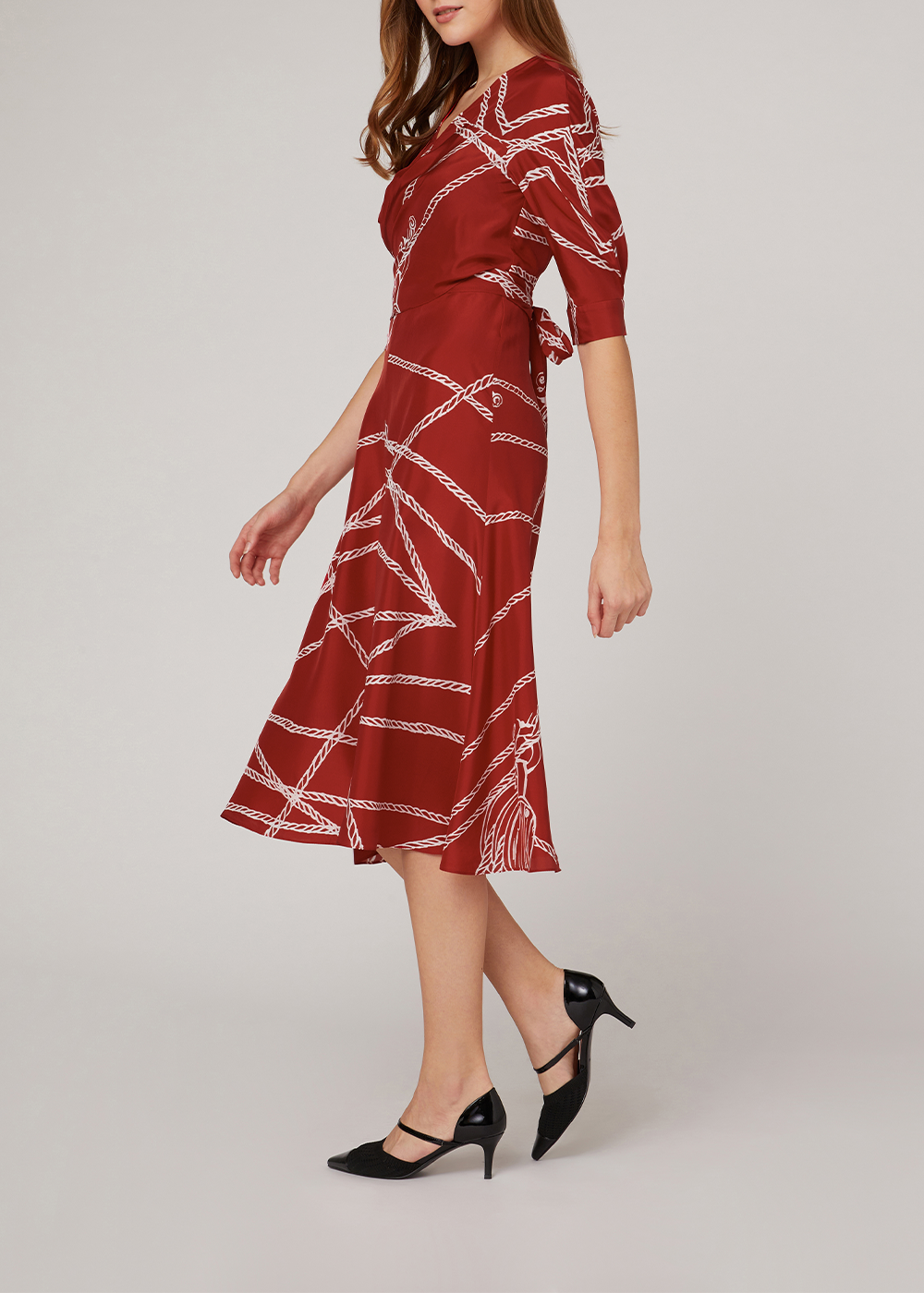 SALAZIA Red-White Rope Print Silk Dresses