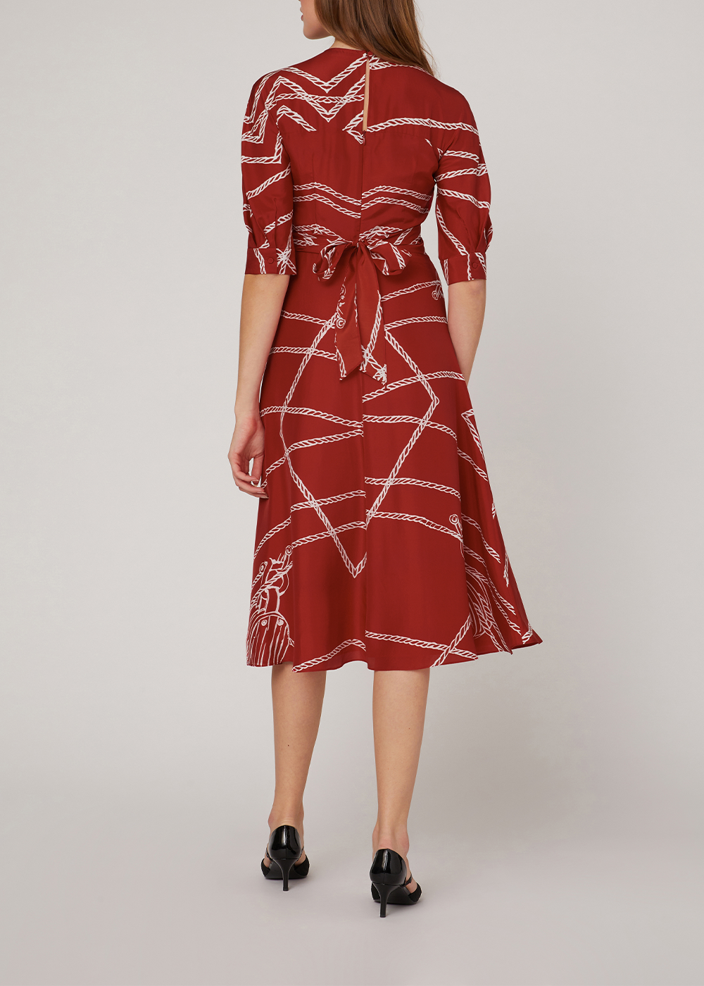 SALAZIA Red-White Rope Print Silk Dresses