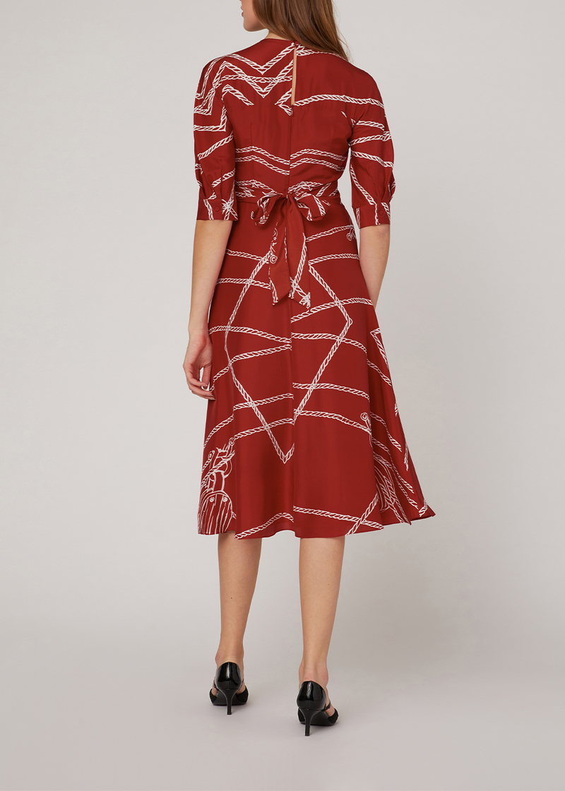 SALAZIA Red-White Rope Print Silk Dresses