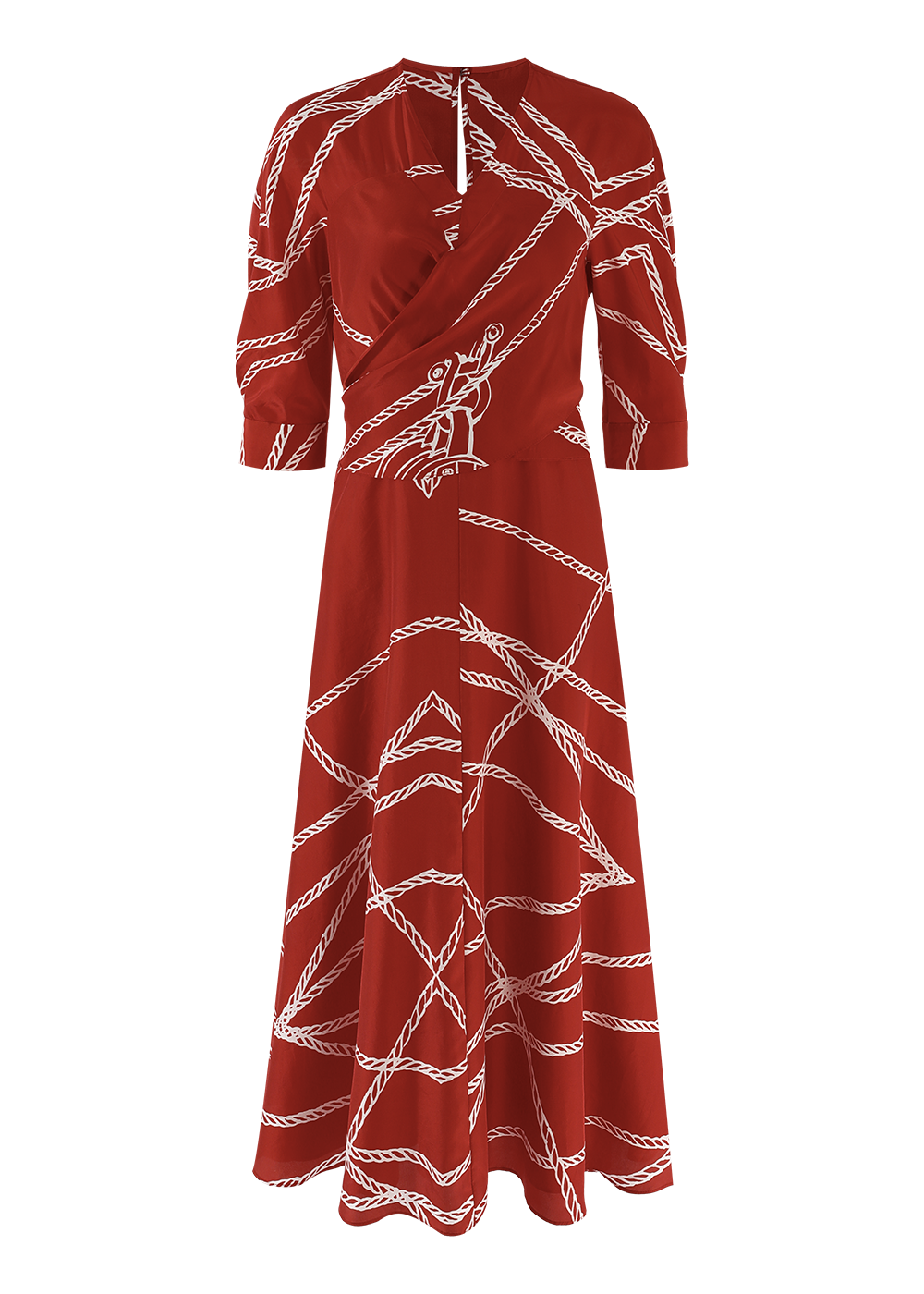SALAZIA Red-White Rope Print Silk Dresses