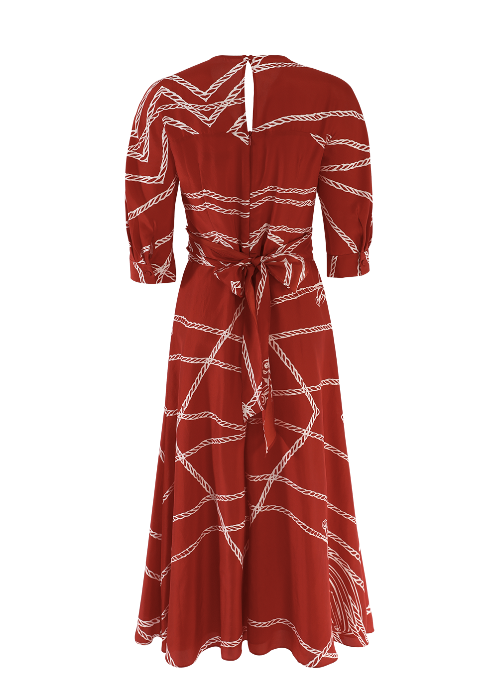 SALAZIA Red-White Rope Print Silk Dresses