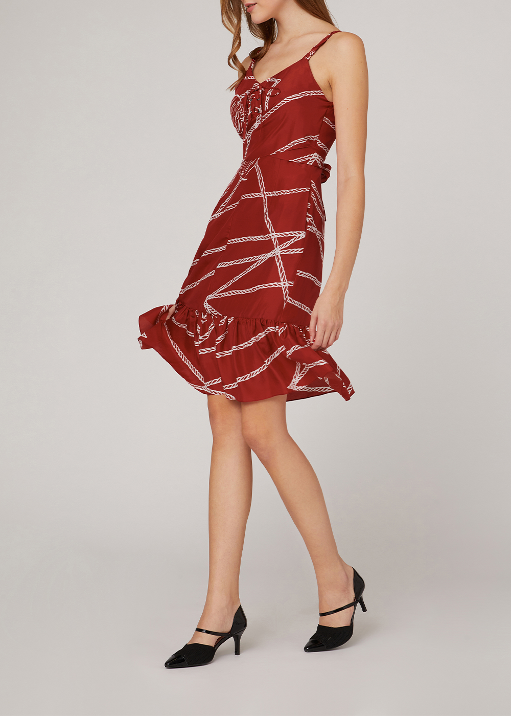 SALAZIA Red-White Rope Print Silk Dresses