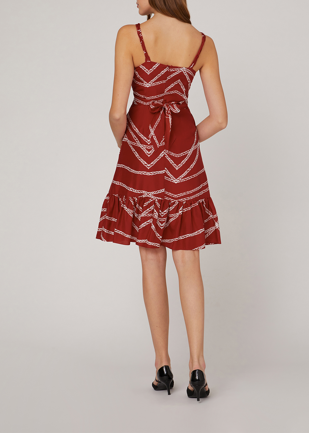 SALAZIA Red-White Rope Print Silk Dresses