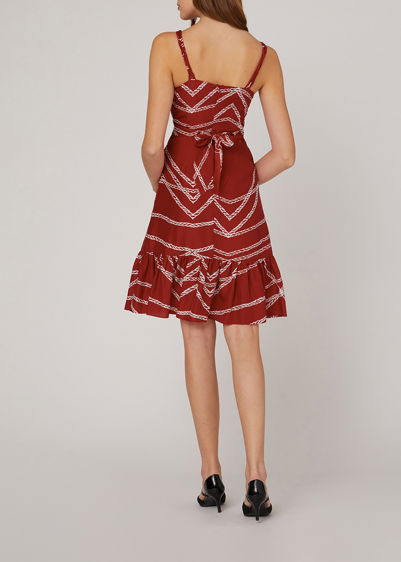 SALAZIA Red-White Rope Print Silk Dresses
