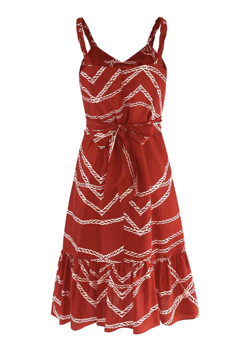 SALAZIA Red-White Rope Print Silk Dresses