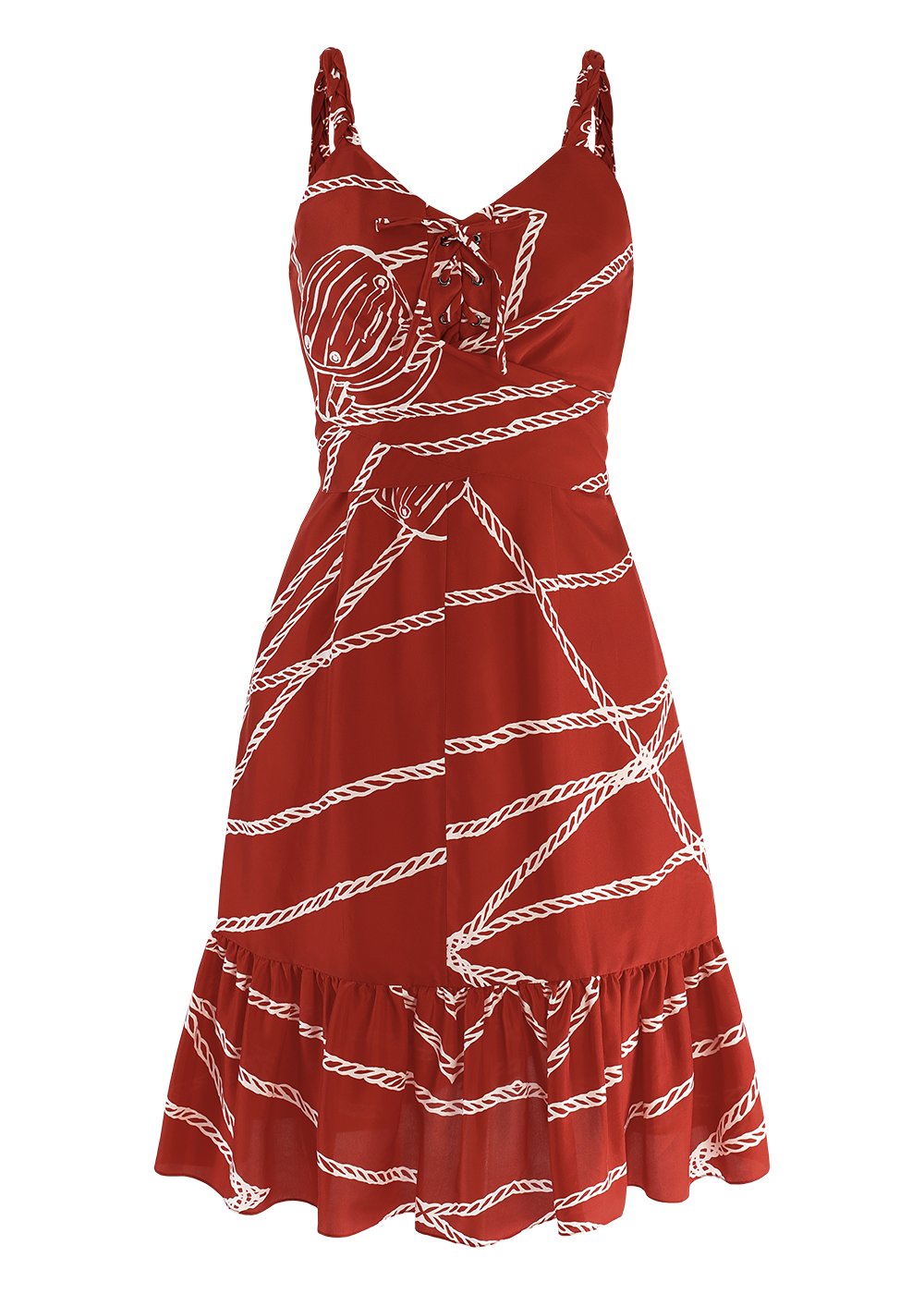 SALAZIA Red-White Rope Print Silk Dresses