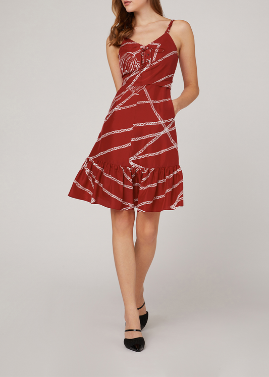 SALAZIA Red-White Rope Print Silk Dresses
