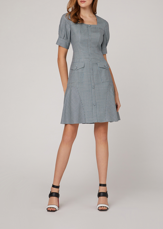 SALAZIA Blue-White Gingham Short-Sleeve Dresses