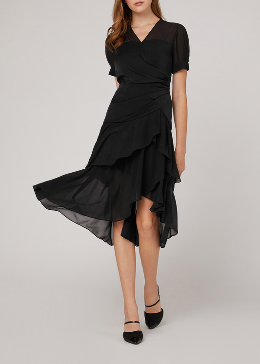 SALAZIA Black Short-Sleeve Fit-and-Flare Dresses