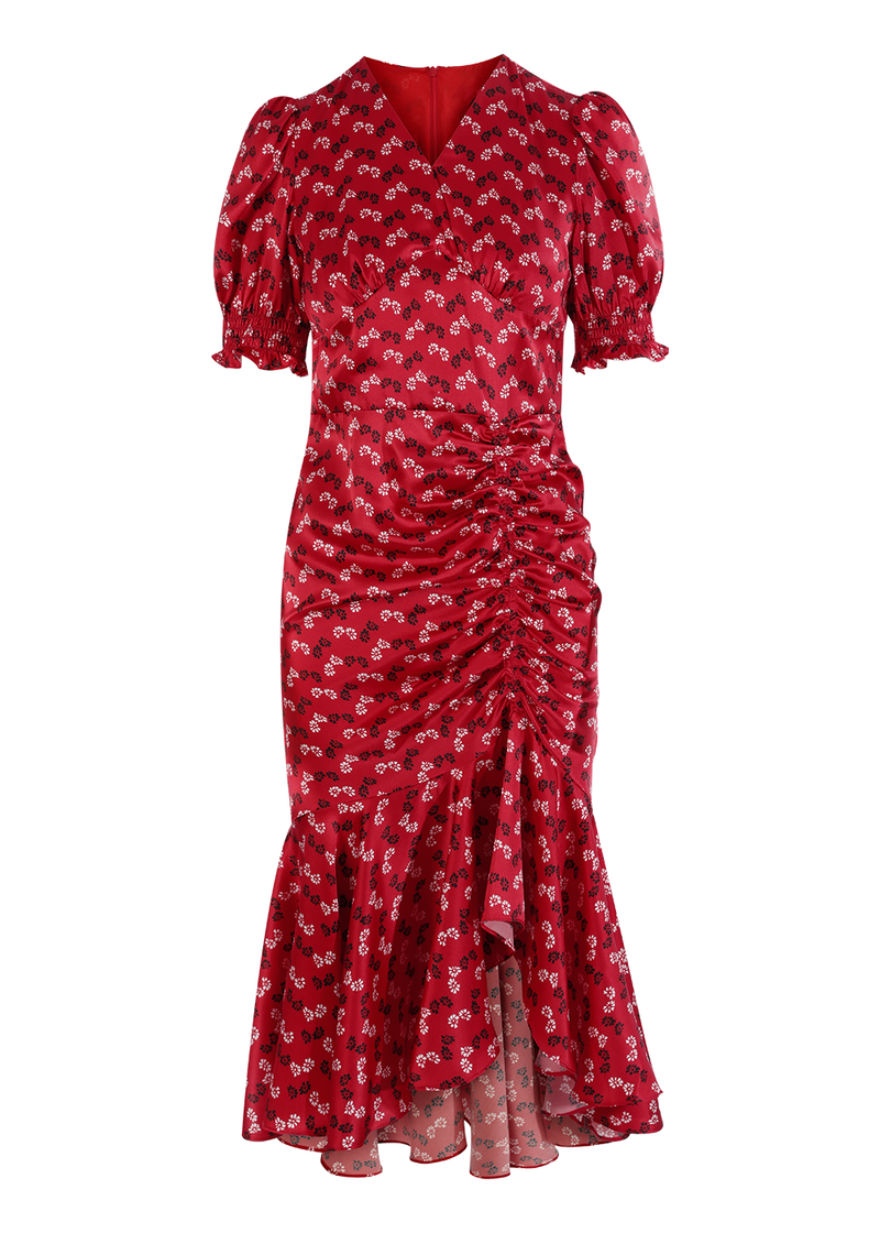 SALAZIA Red Floral Silk Stretch Dresses