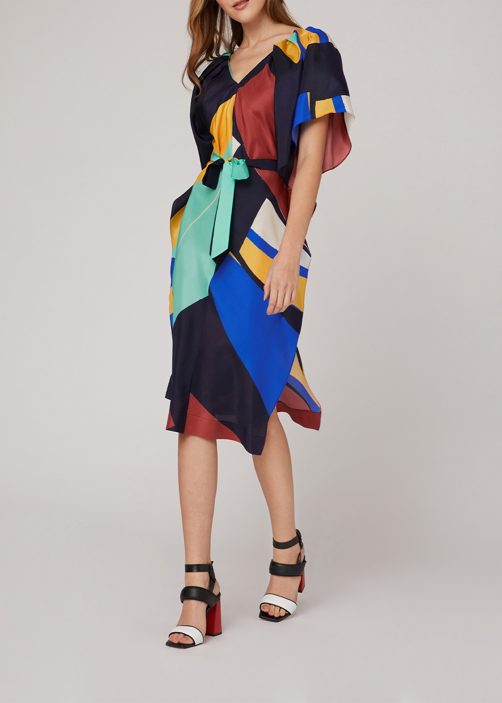 SALAZIA Colorful Color Block Silk Dresses