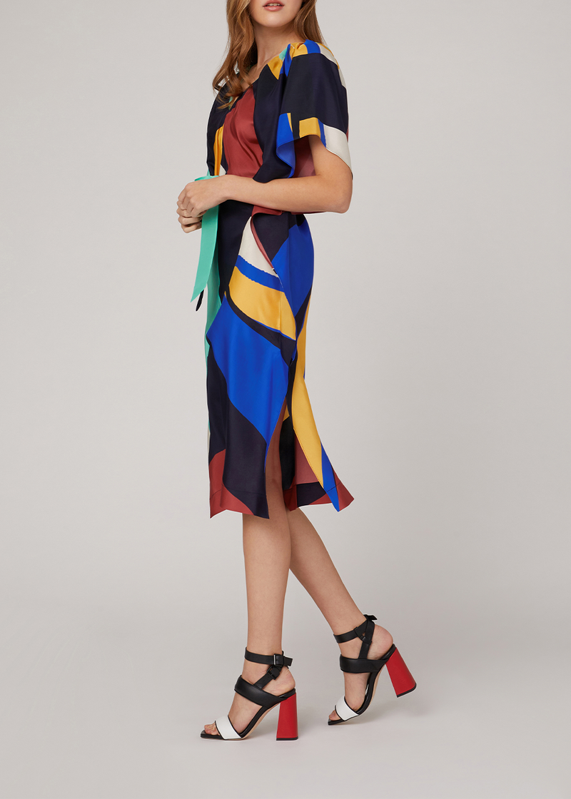 SALAZIA Colorful Color Block Silk Dresses