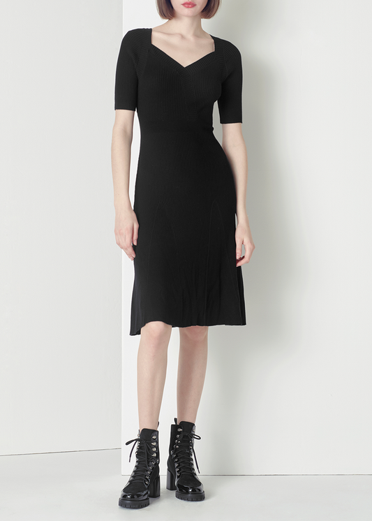 SALAZIA Black Viscose-Polyester Knit Short-Sleeve Dresses