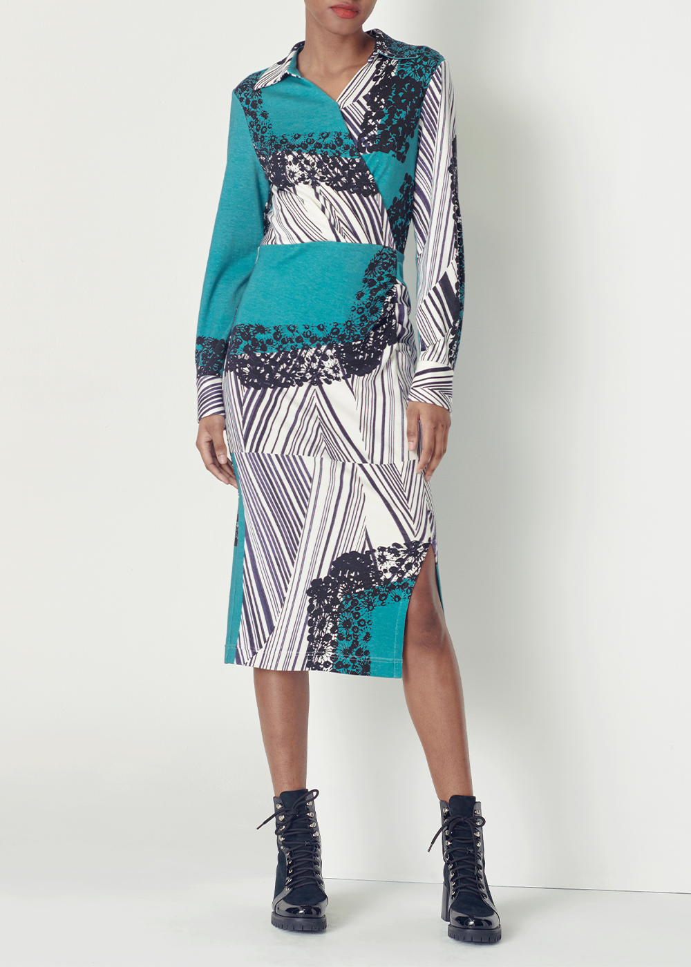 SALAZIA Turquoise Black-White Print Cotton-Modal Dresses