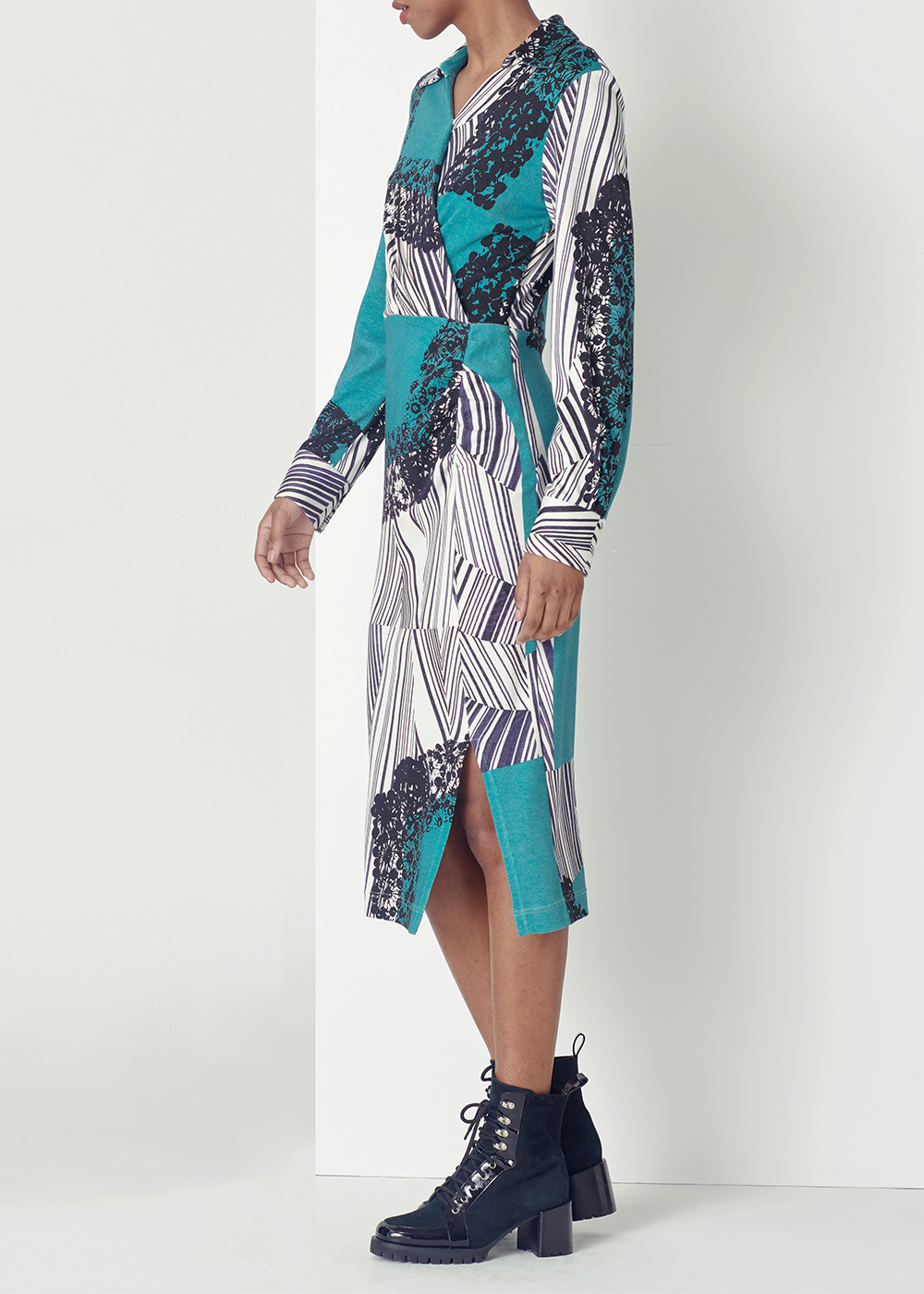SALAZIA Turquoise Black-White Print Cotton-Modal Dresses
