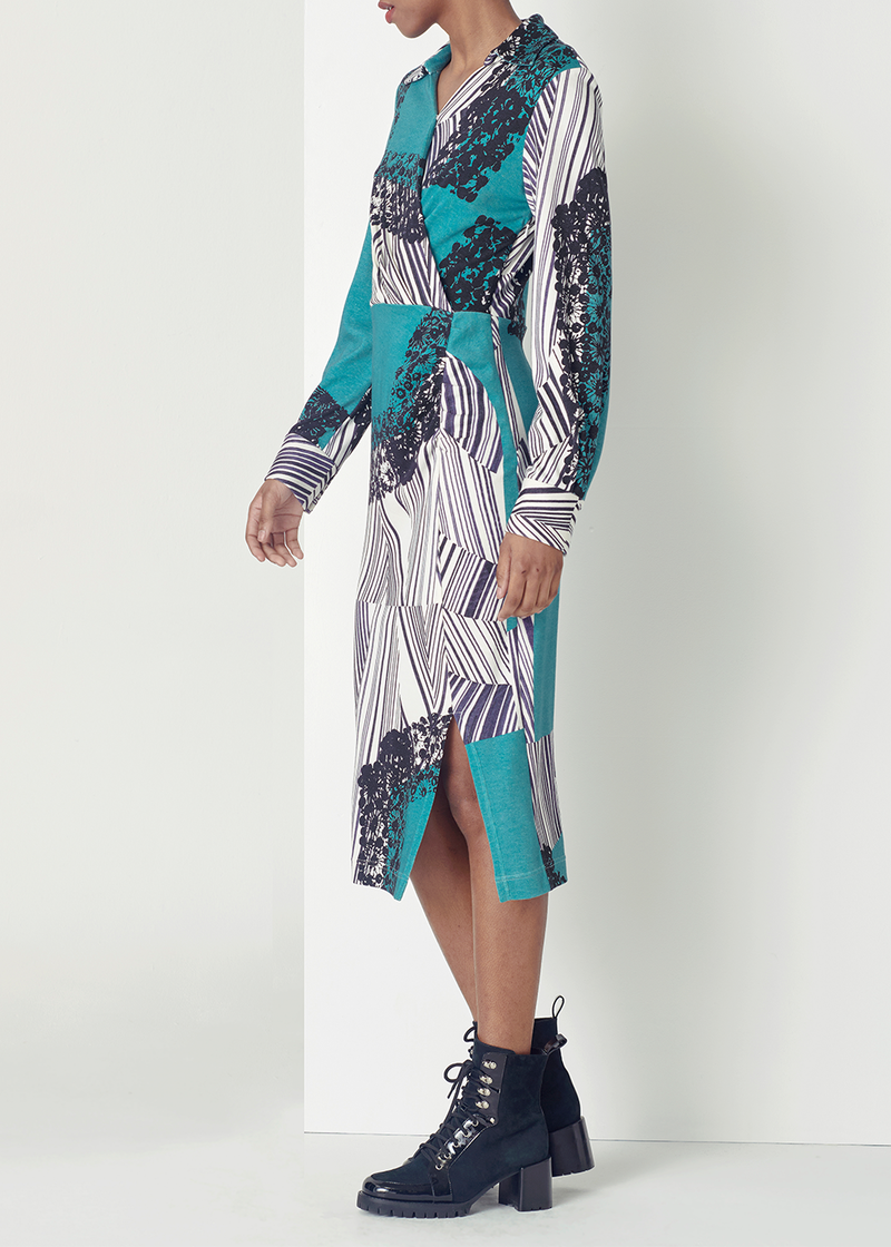 SALAZIA Turquoise Black-White Print Cotton-Modal Dresses