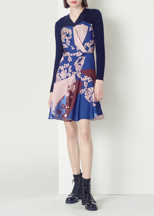 SALAZIA Blue-Pink Floral Wool Blend Dresses
