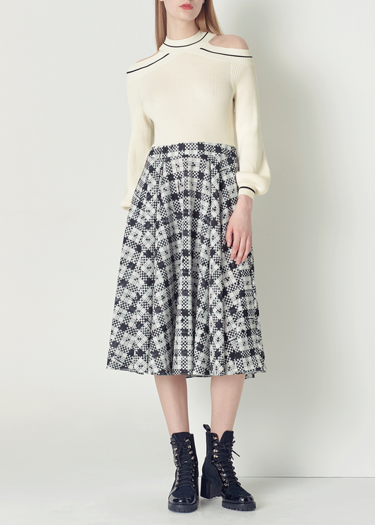 SALAZIA Black-White Check Wool Blend Dresses