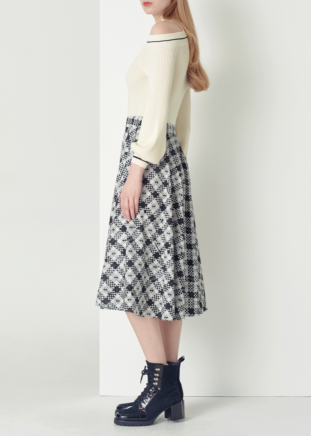 SALAZIA Black-White Check Wool Blend Dresses