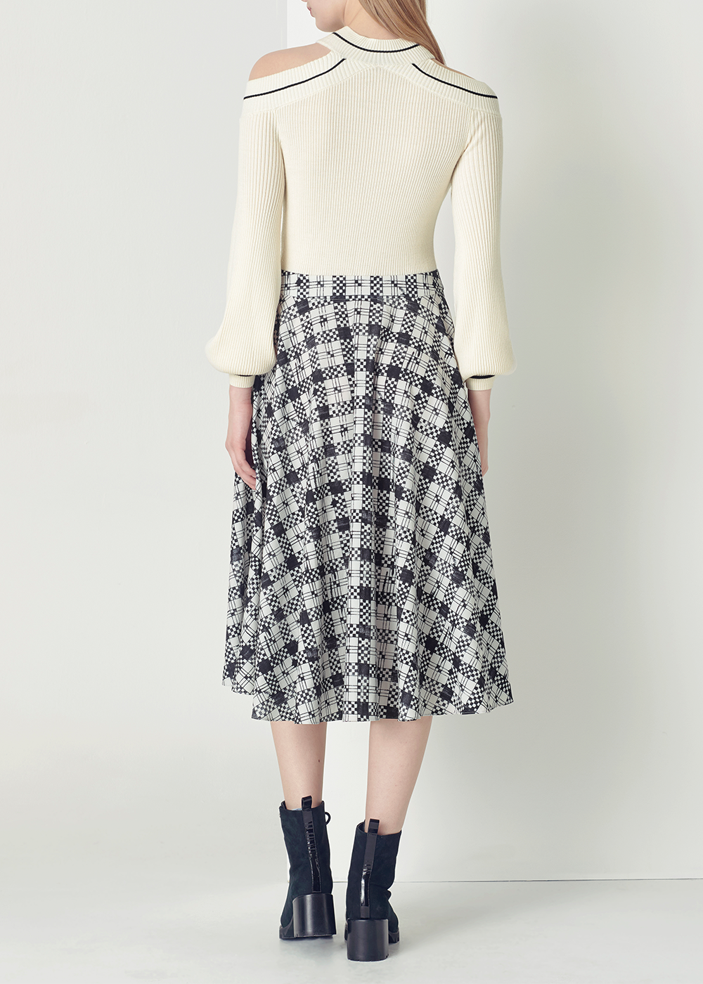 SALAZIA Black-White Check Wool Blend Dresses