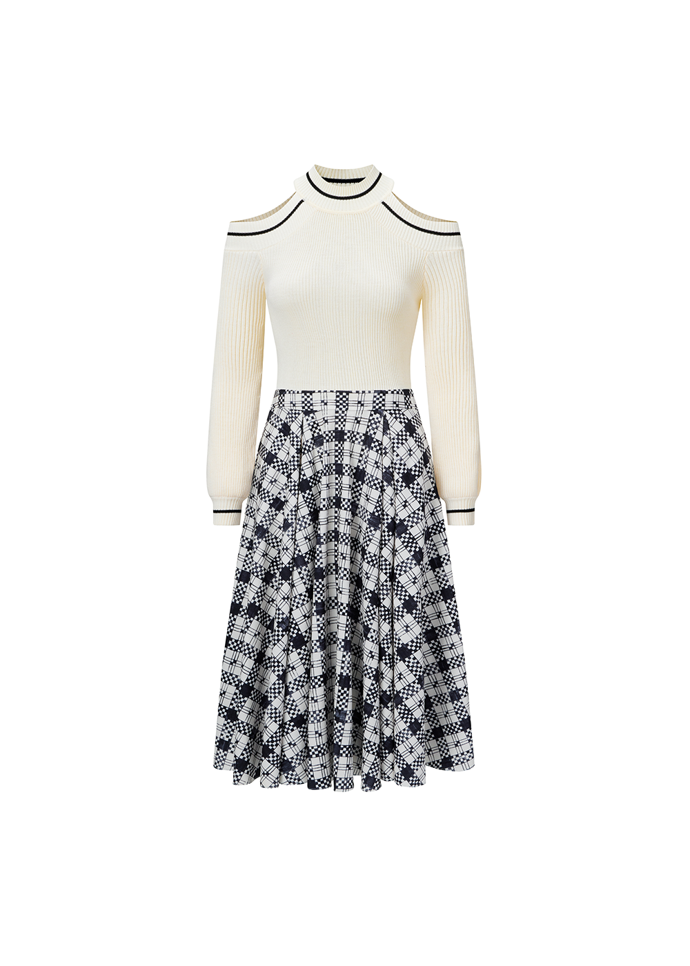 SALAZIA Black-White Check Wool Blend Dresses