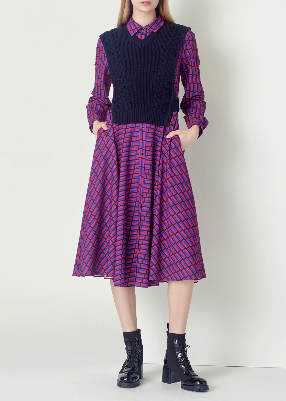 SALAZIA Blue-Red Color Block Dresses