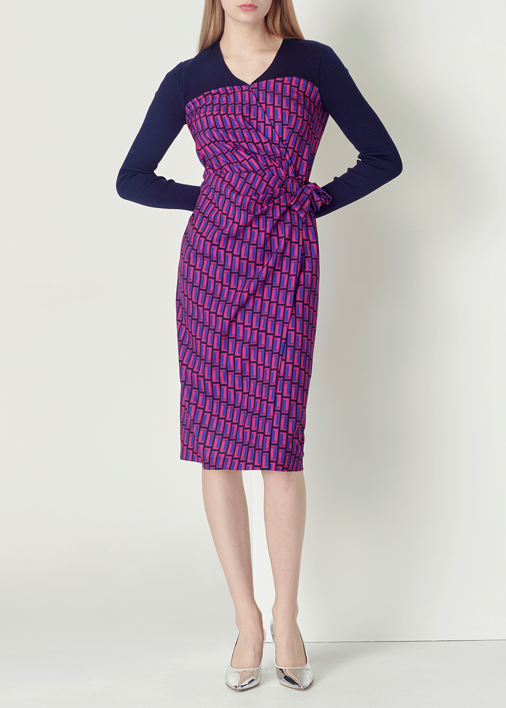 SALAZIA Blue-Red Colorblock Long-Sleeve Dresses