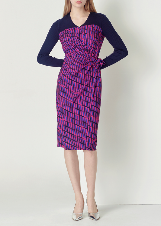 SALAZIA Blue-Red Colorblock Long-Sleeve Dresses