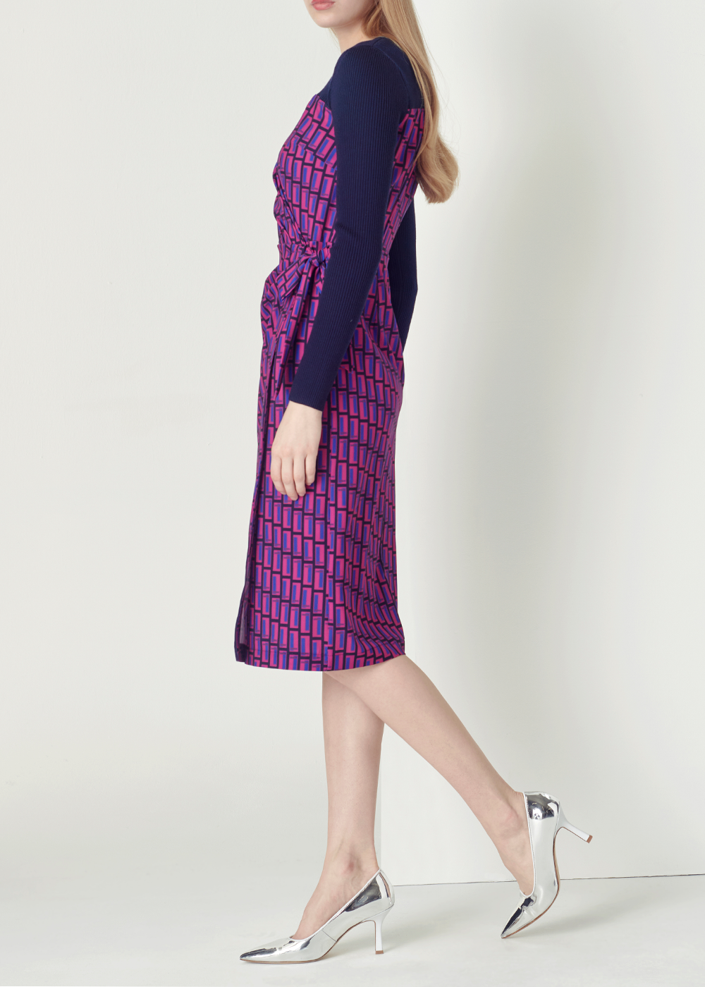 SALAZIA Blue-Red Colorblock Long-Sleeve Dresses