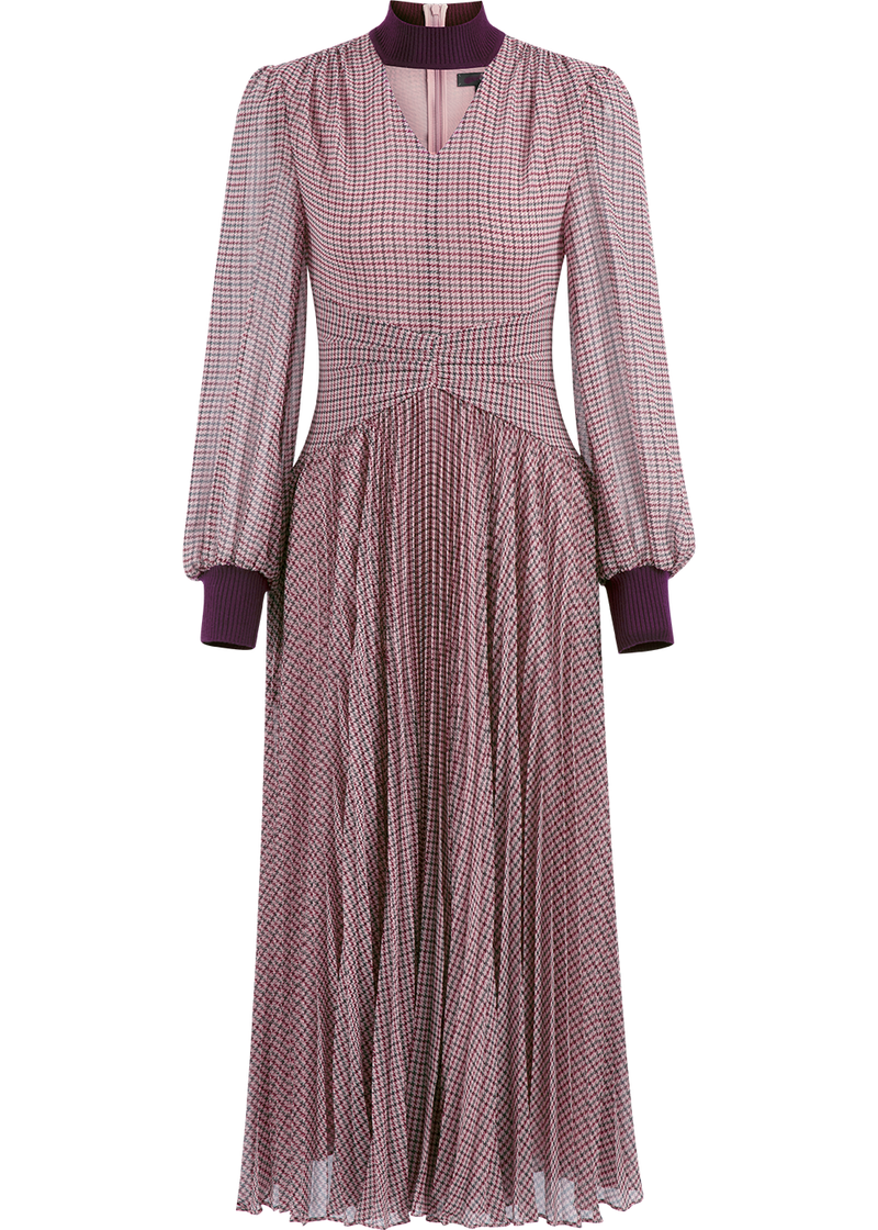 SALAZIA Pink Houndstooth Long-Sleeve Dresses