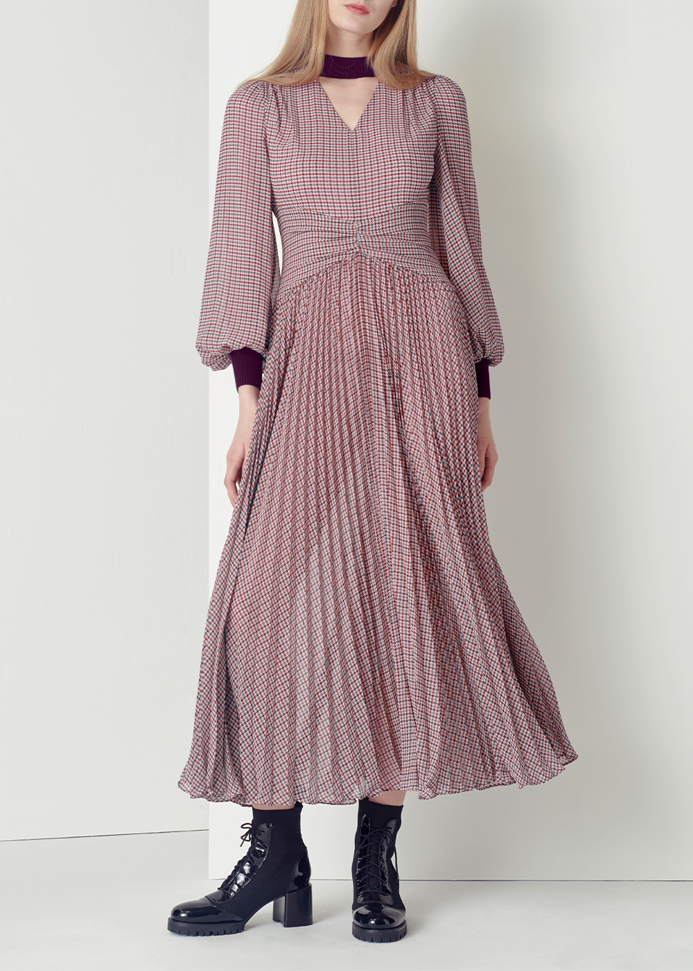 SALAZIA Pink Houndstooth Long-Sleeve Dresses