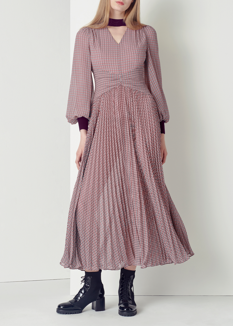 SALAZIA Pink Houndstooth Long-Sleeve Dresses