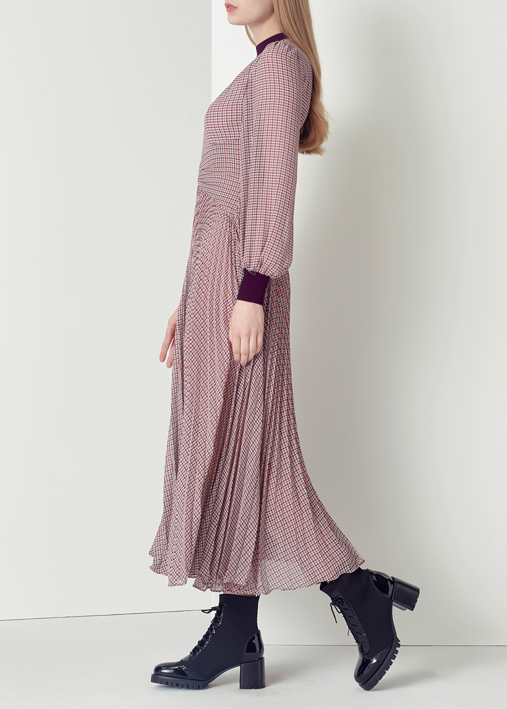 SALAZIA Pink Houndstooth Long-Sleeve Dresses