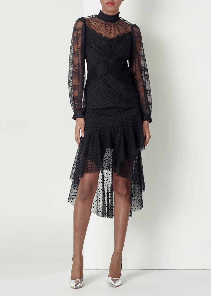 SALAZIA Black Lace Mesh Maxi Dresses