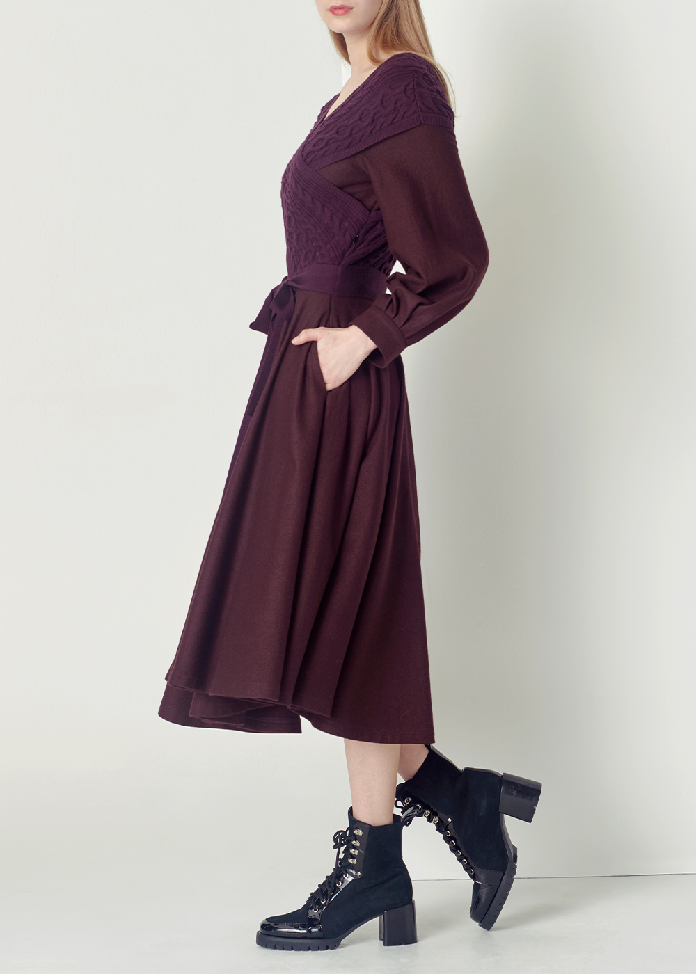 SALAZIA Burgundy Wool Fit-and-Flare Dresses